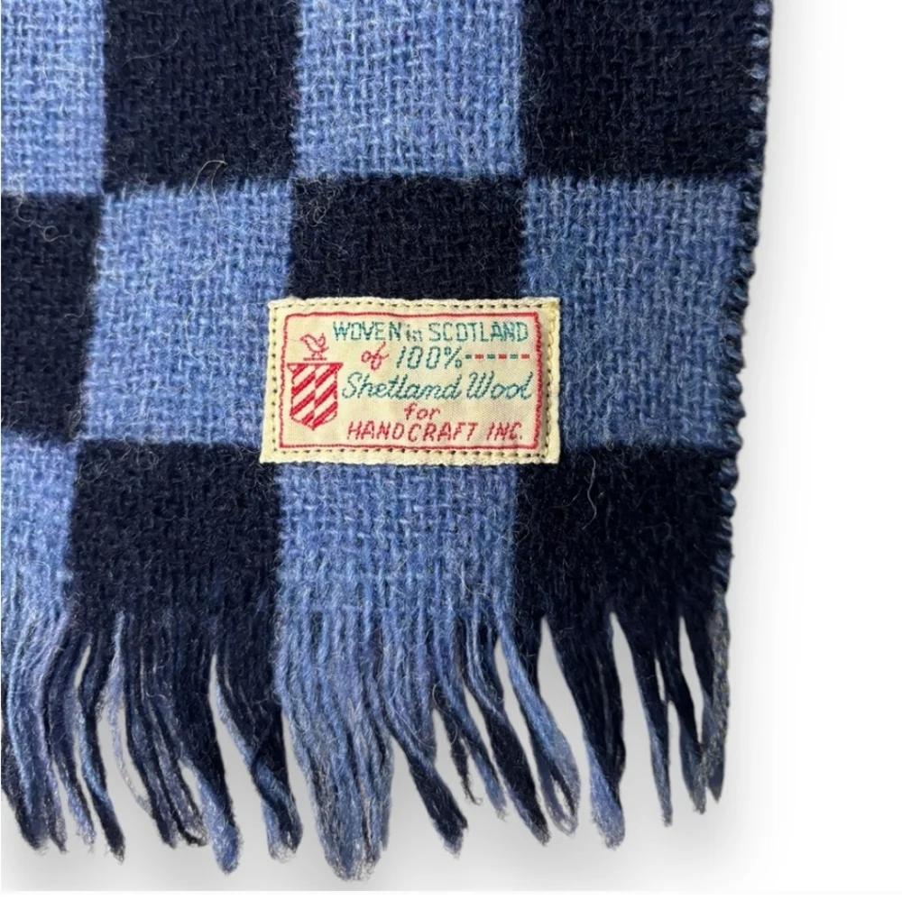 HANDCRAFT INC 100% Shetland Wool Long Scarf Tassels Blue Checkerboard Pattern